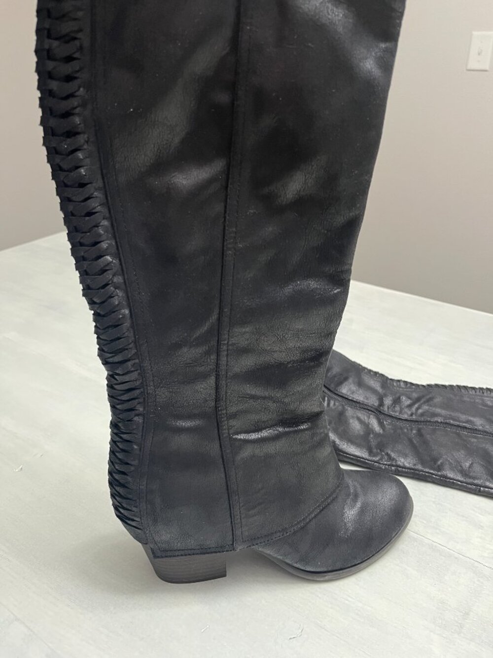Fergalicious Faux-Leather Tall Boots w/Woven Back Lattice & Block Heel in Black